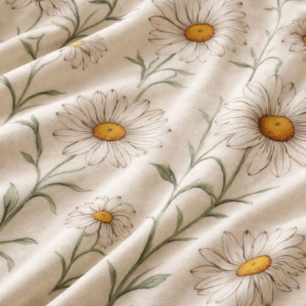 Close-up of soft fleece throw blanket with daisy flower print showing lightweight texture and floral design detail.