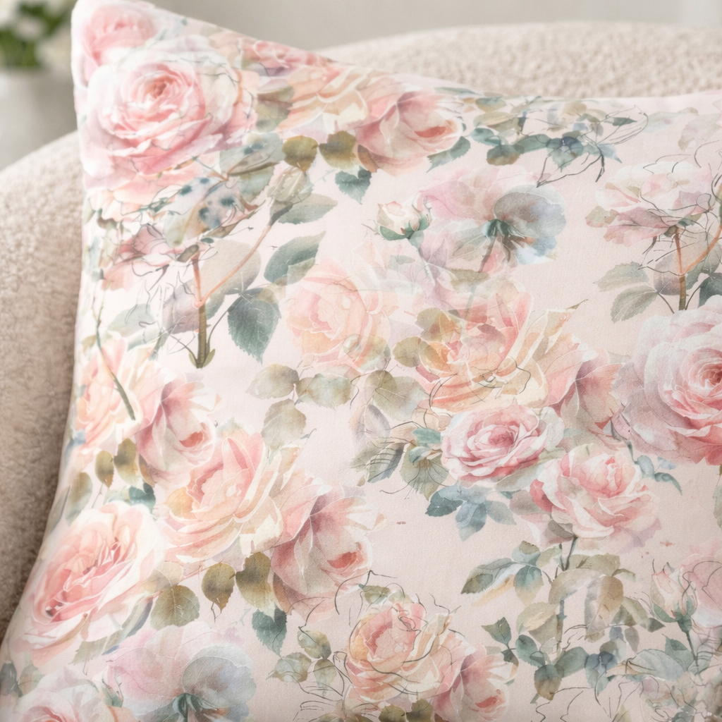 Close up watercolour rose cotton cushion cover fabric detail floral cushion design