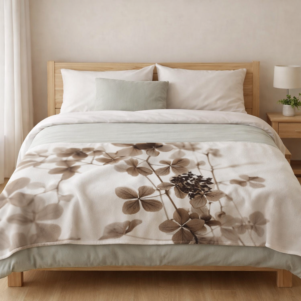 Lightweight fleece throw blanket with soft botanical flower design in neutral brown tones styled in a calm natural bedroom.