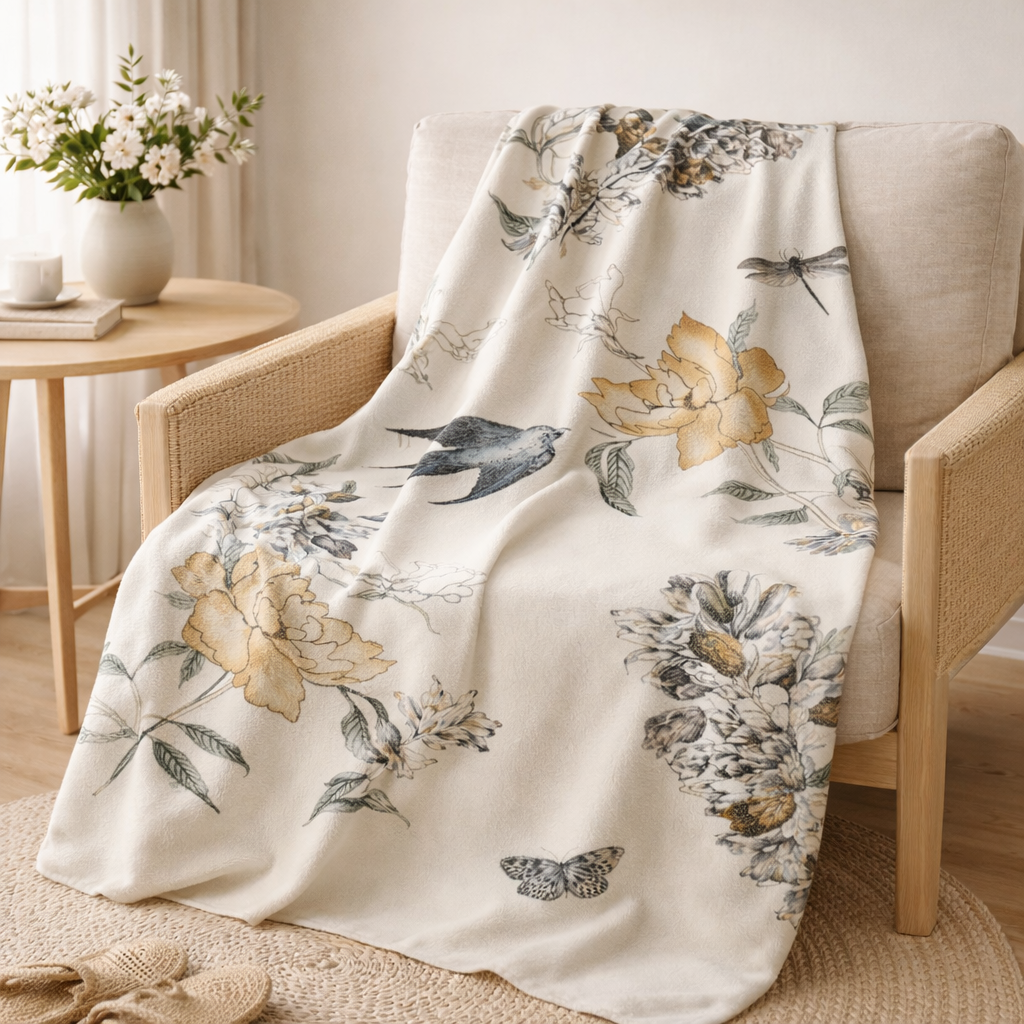 Cream botanical fleece throw blanket with swallow bird and yellow floral pattern draped over armchair in neutral home interior