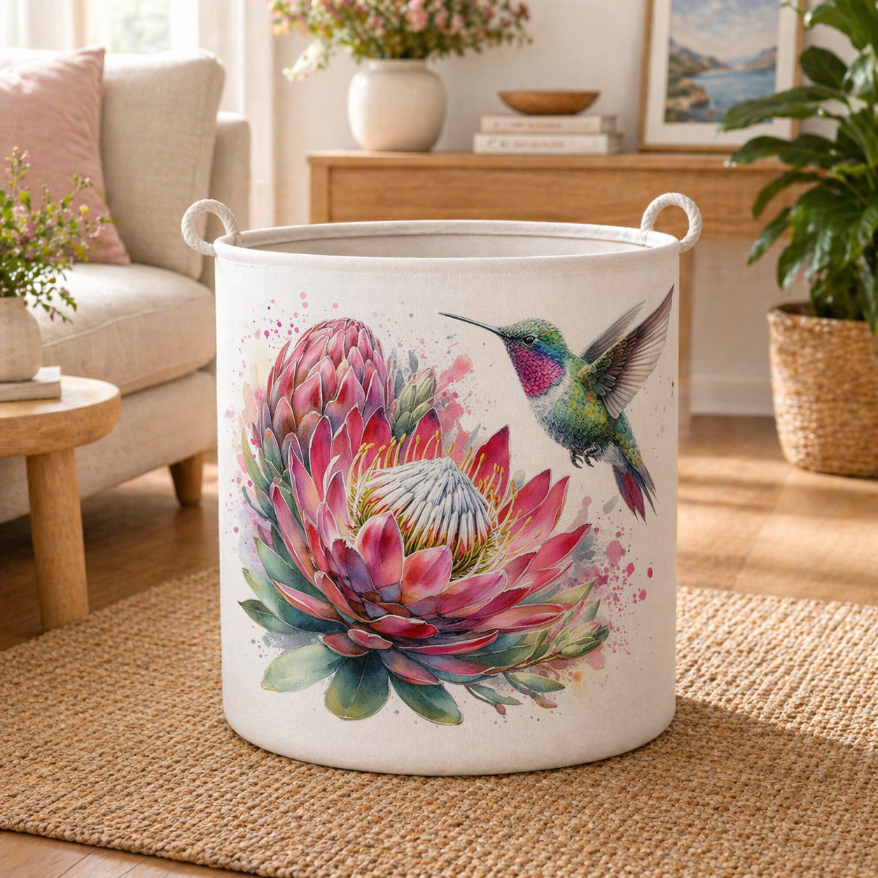 recycled felt storage basket with protea design in living room