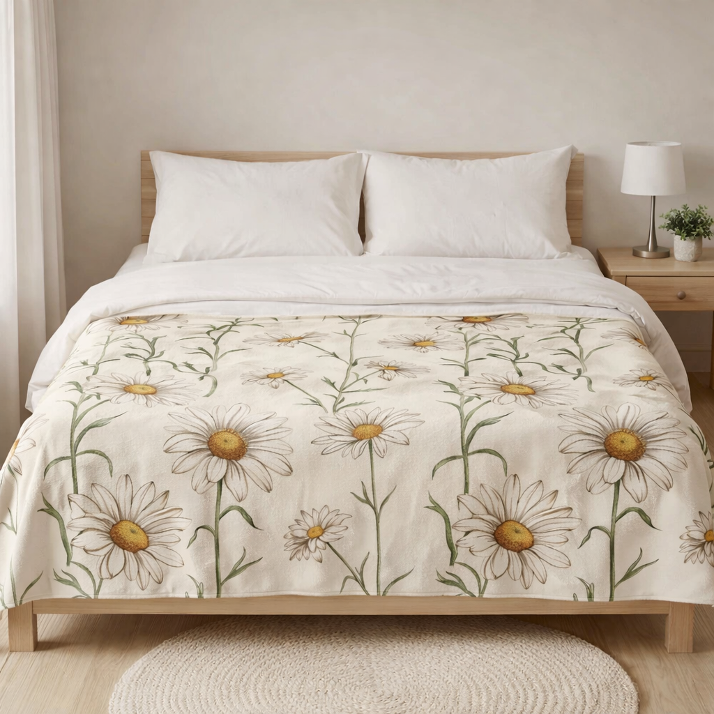 Lightweight daisy fleece throw blanket laid across the lower half of a bed in a neutral bedroom setting, soft floral blanket design in cream and yellow.