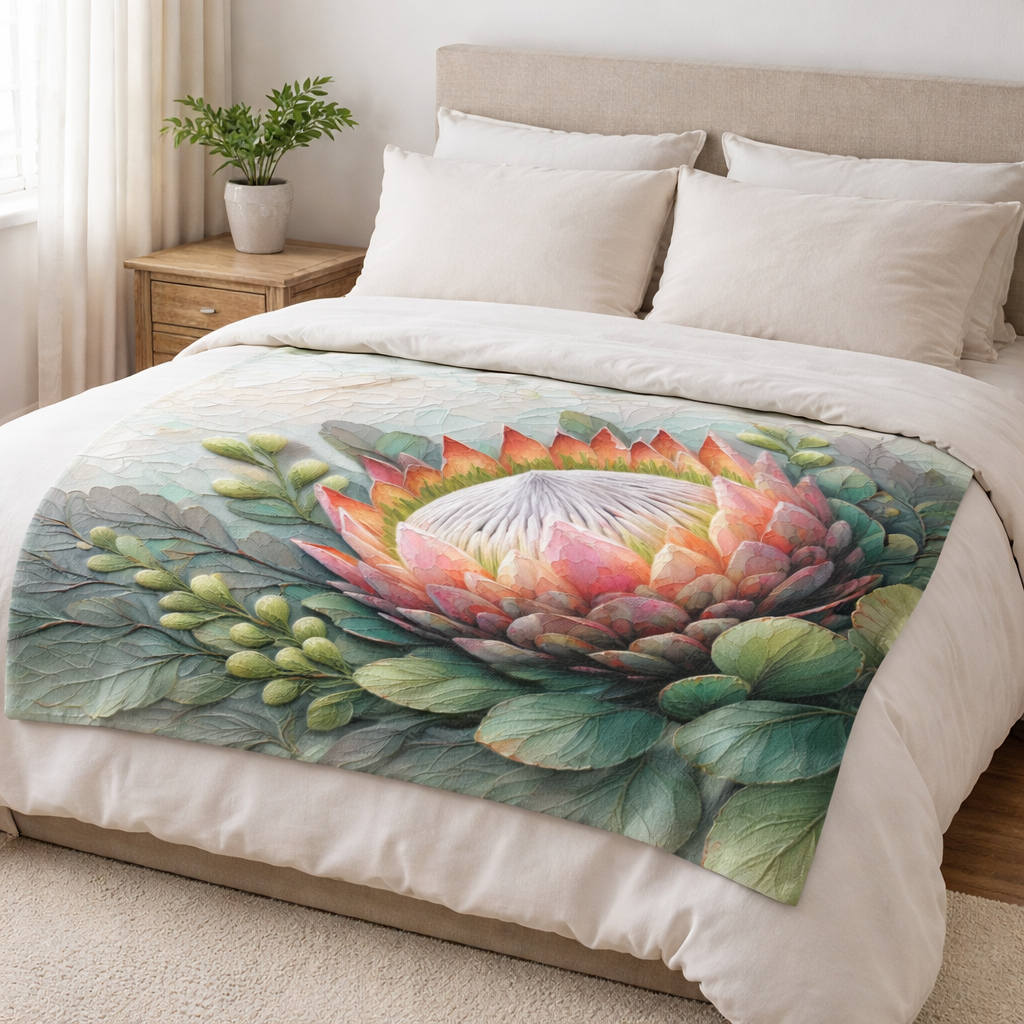 Soft fleece throw blanket protea design, lightweight coral fleece blanket South Africa for bedroom styling