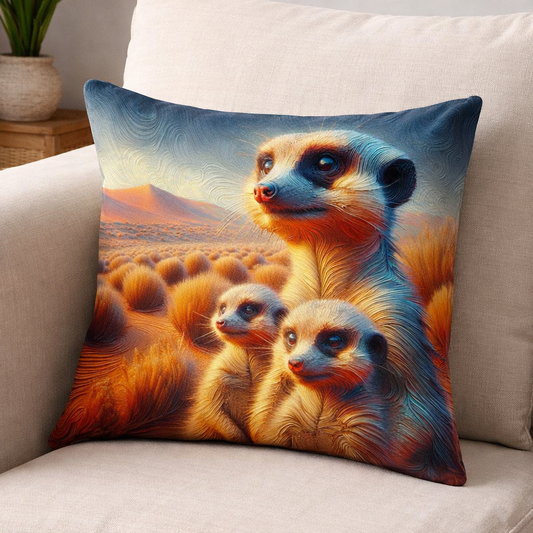 Decorative pillow with meerkat design on a beige couch. Beautiful animal print bedding 