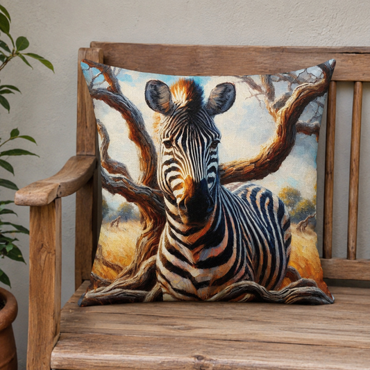 45x45cm cotton scatter cushion cover featuring a zebra wildlife design displayed on a rustic wooden bench in a South African home. Decorative throw pillow with African safari artwork.