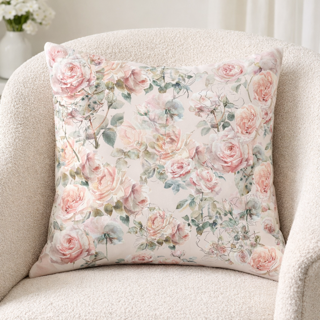 Pink rose floral cotton cushion cover on sofa soft botanical home décor cushion