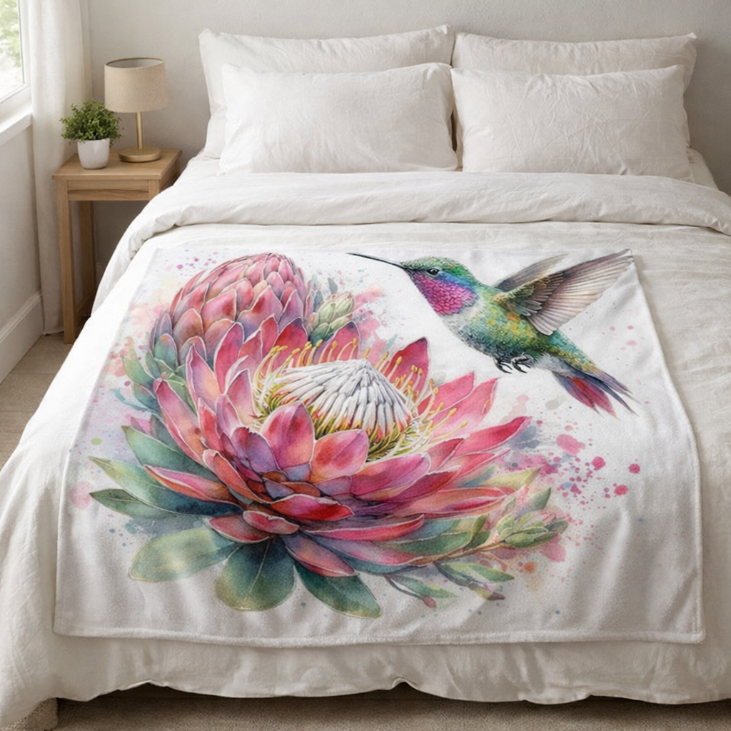 Protea and hummingbird design on a fleece blanket over a bed in a bedroom setting.