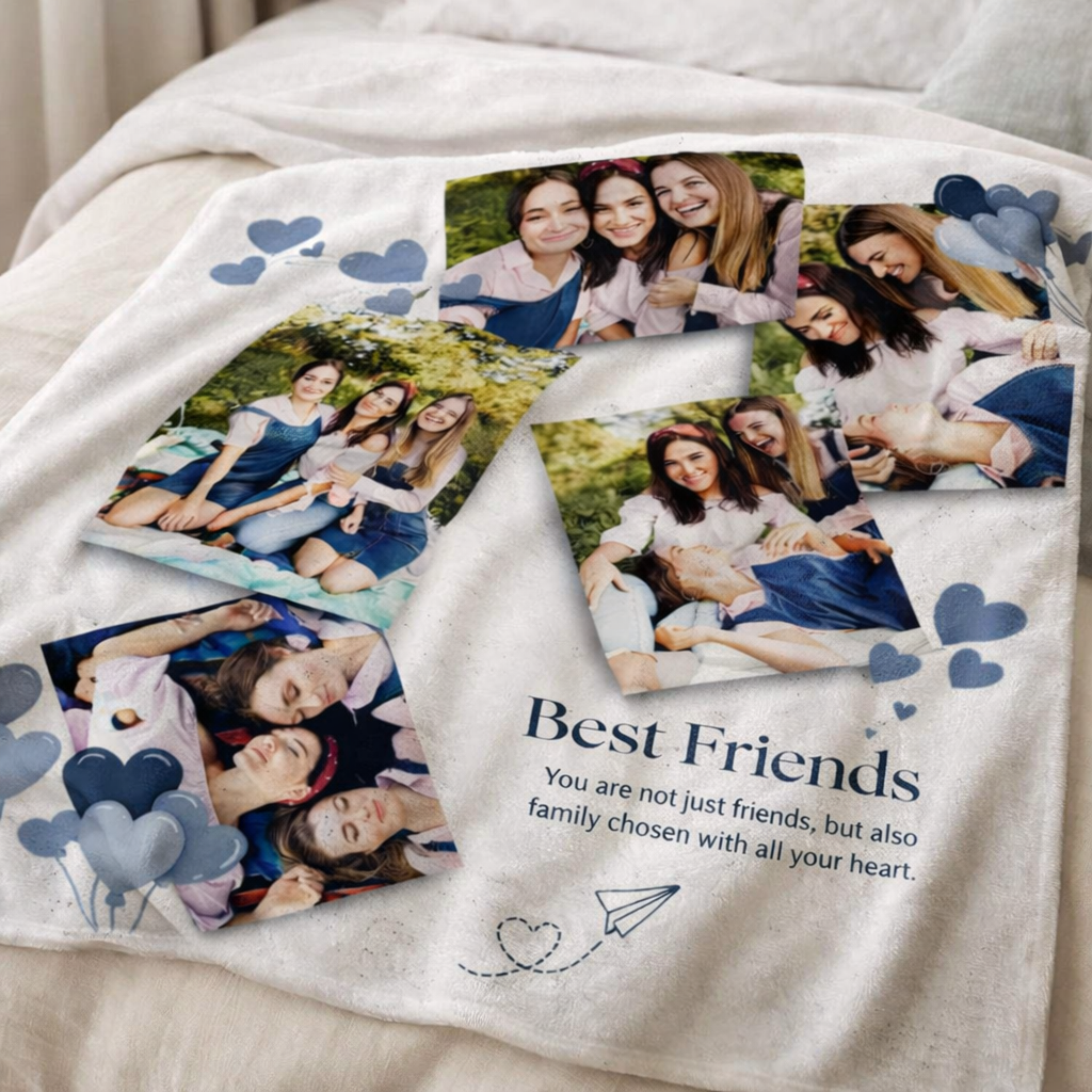 Personalized photo blanket with images of friends and text 'Best Friends' on a bed.