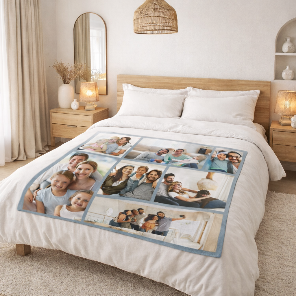Personalized photo blanket on a bed . Blue fleece blanket South Africa 