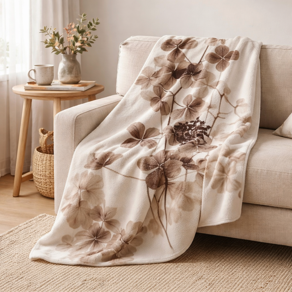 Lightweight fleece blanket with elegant brown botanical print placed across the foot of a bed in a peaceful neutral bedroom.