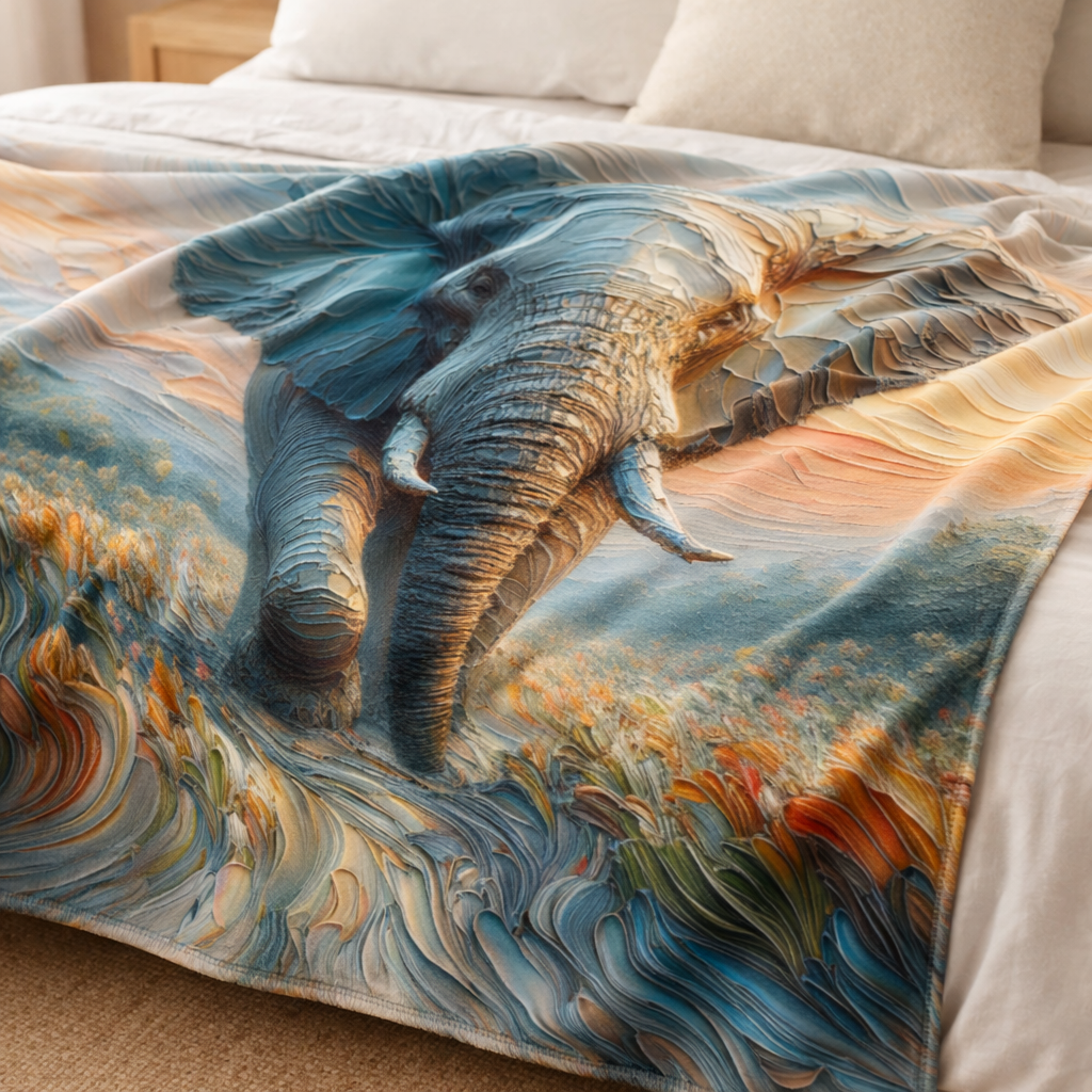 Close up of soft coral fleece blanket texture with elephant print, lightweight and smooth finish