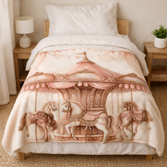 Bed with a carousel-themed fleece blanket in a cozy  kids bedroom Setting South Africa 