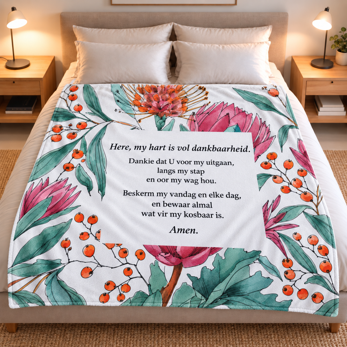 Dankbare Hart Protea Lightweight Fleece Blanket 1.5 x 2m ready to Ship