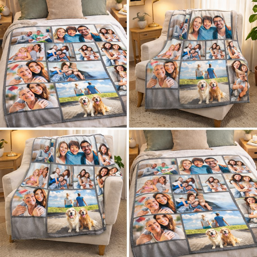 Personalized photo collage blanket displayed on a bed and chair in South Africa 