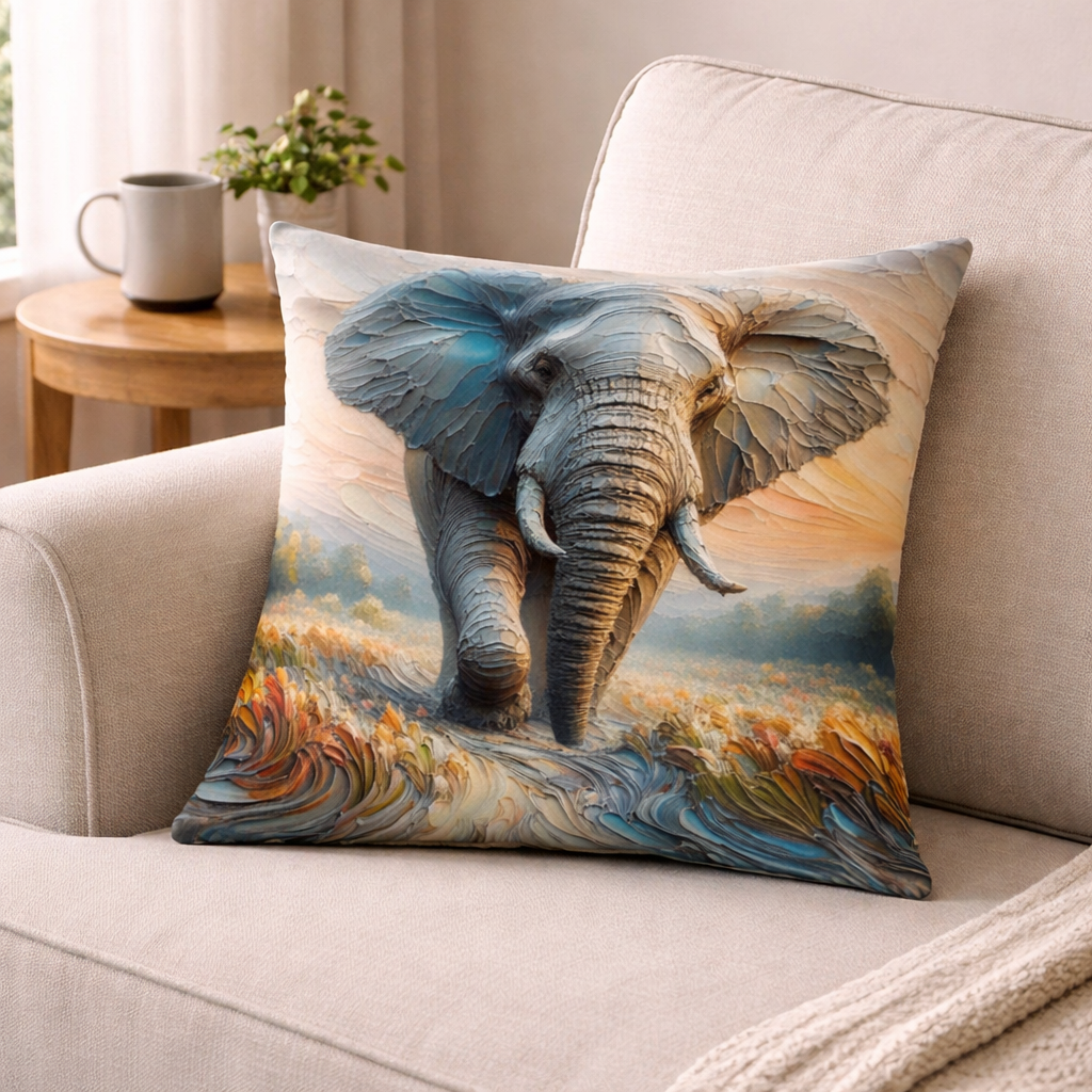 Decorative pillow with an elephant design on a beige sofa. Soft cotton cushions 