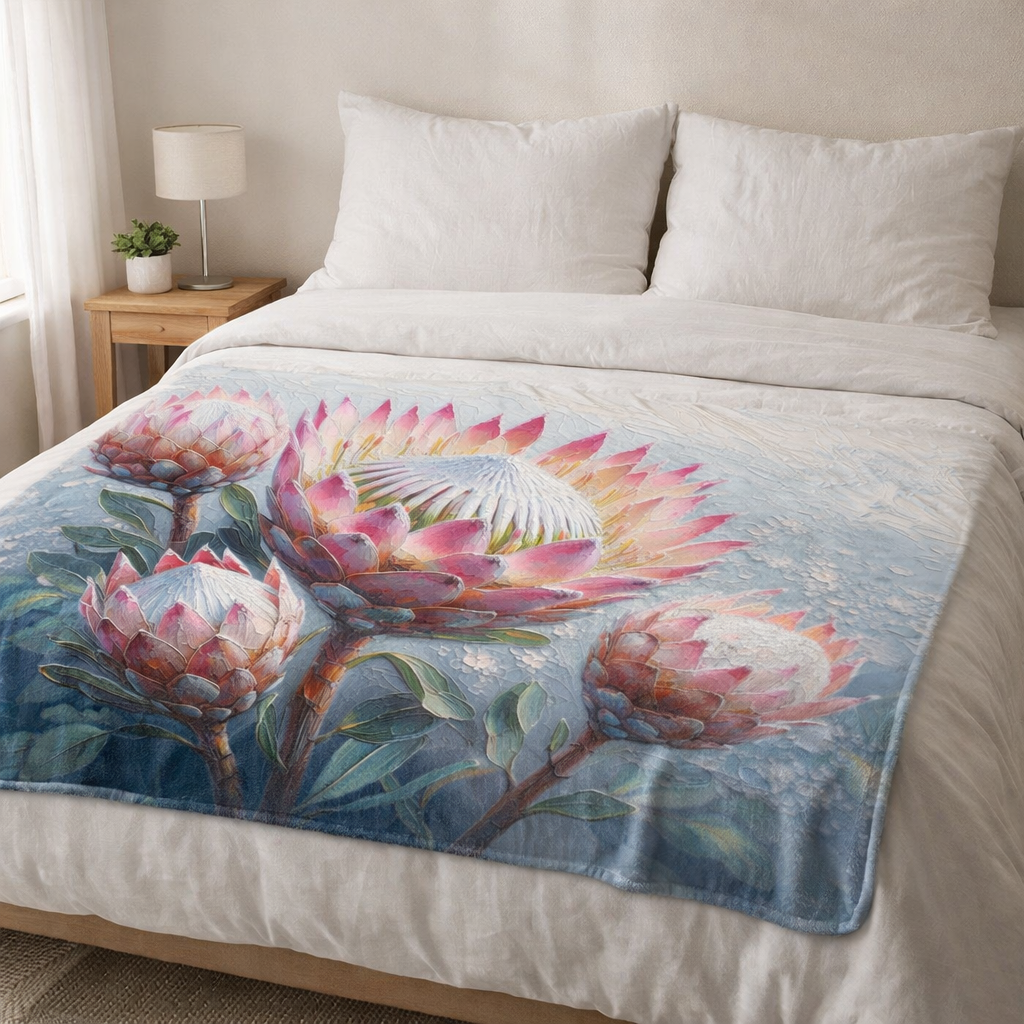 Floral patterned fleece blanket on a bed in a bedroom setting