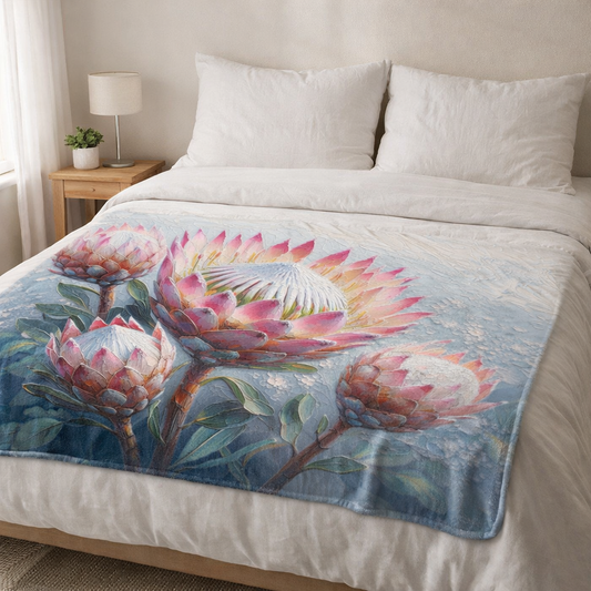 Floral patterned fleece blanket on a bed in a bedroom setting