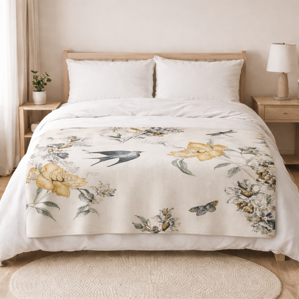 Lightweight botanical fleece throw blanket with bird and floral print laid across the lower half of a neutral bedroom bed with white linen bedding.