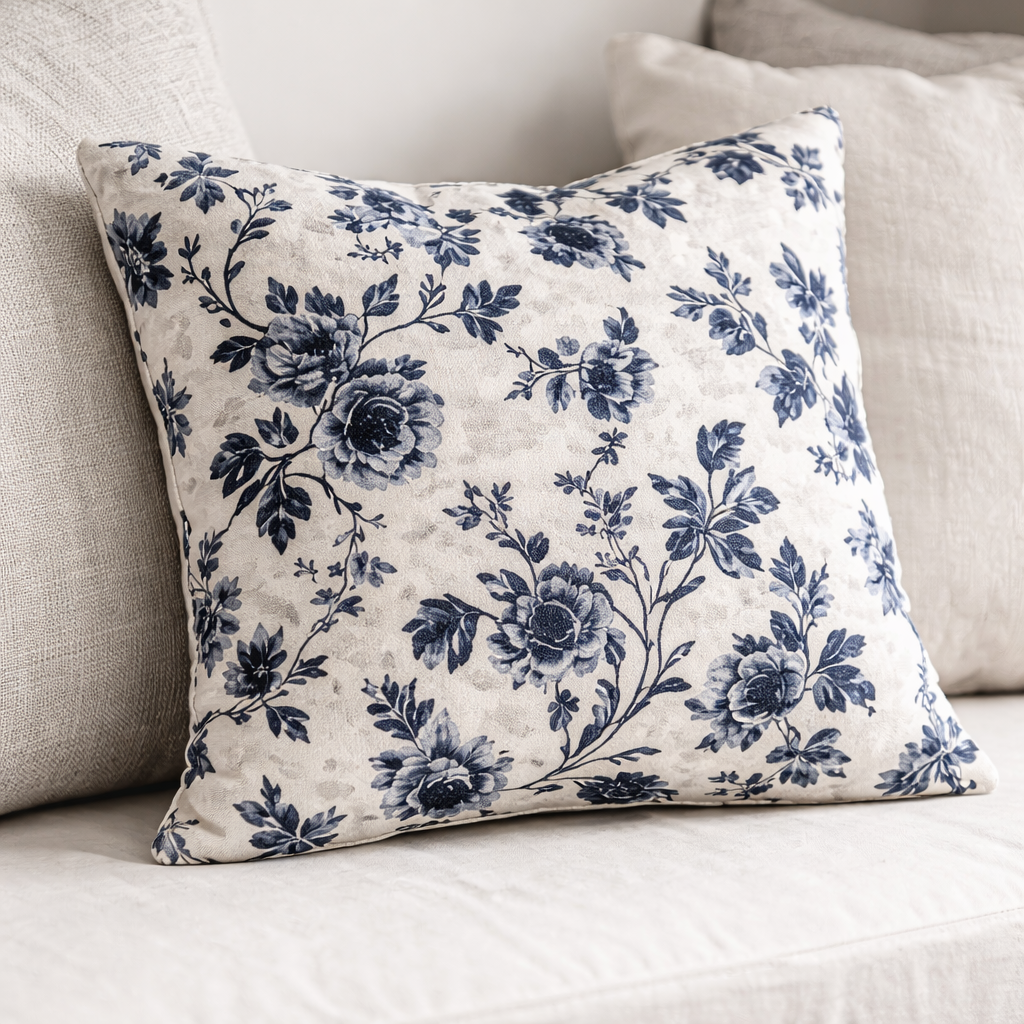 botanical cotton scatter cushion cover styled on neutral bench with soft textiles in minimalist home décor setting
