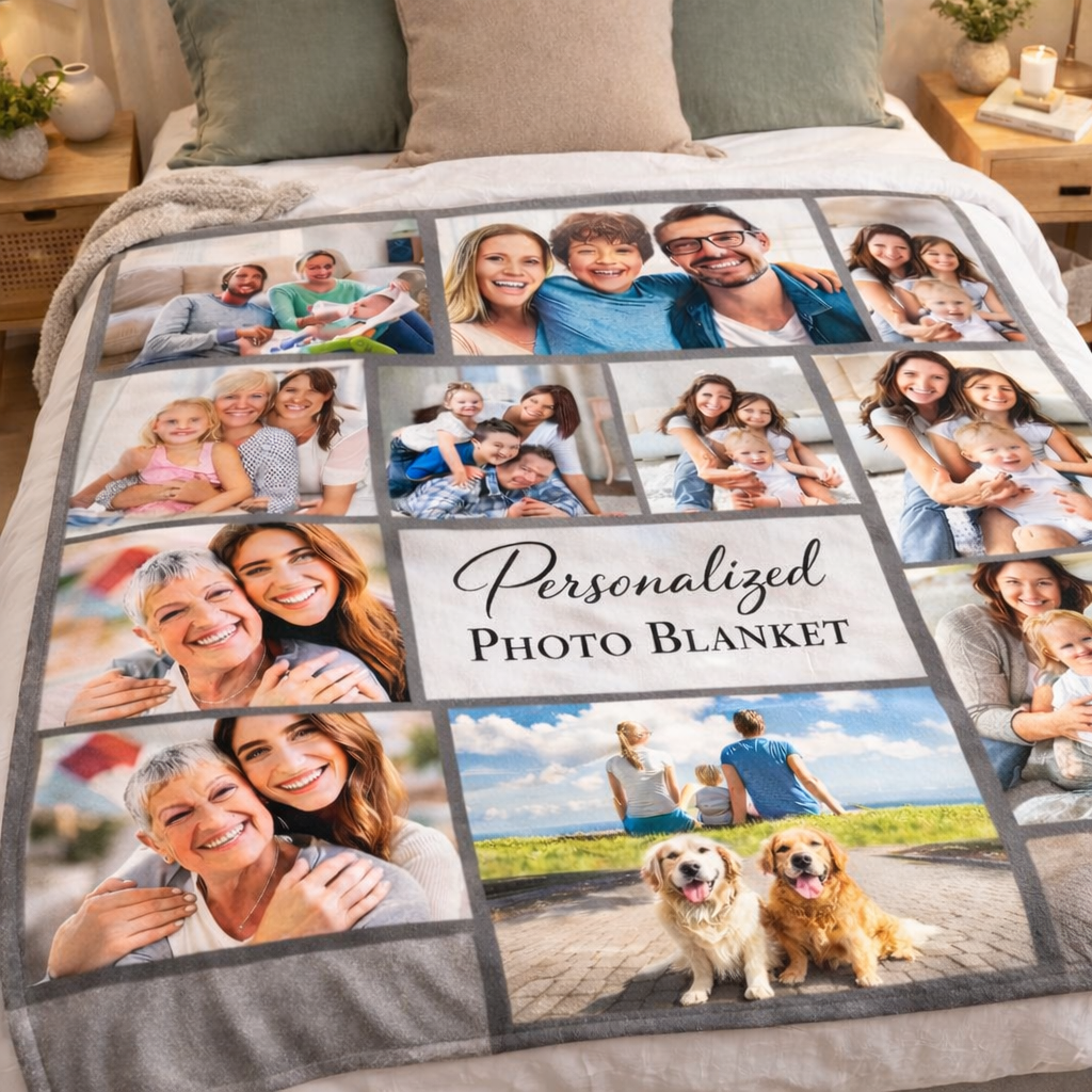 Personalized photo blanket with various family and pet photos on a bed.