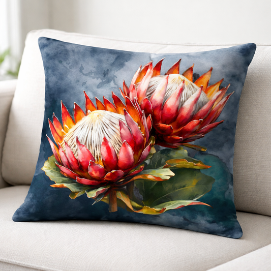 Protea cotton scatter cushion cover on neutral sofa South Africa soft woven fabric detailed print