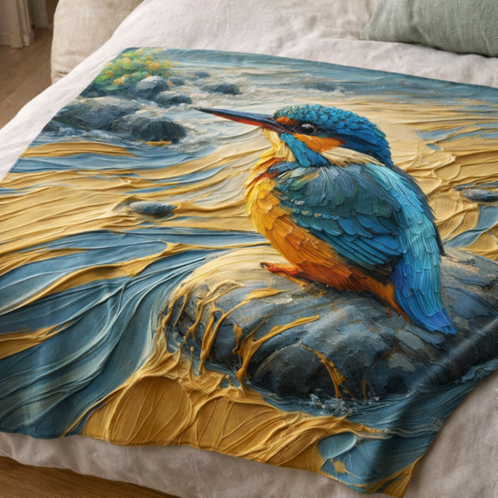 kingfisher blanket close up soft fleece texture lightweight printed throw blanket