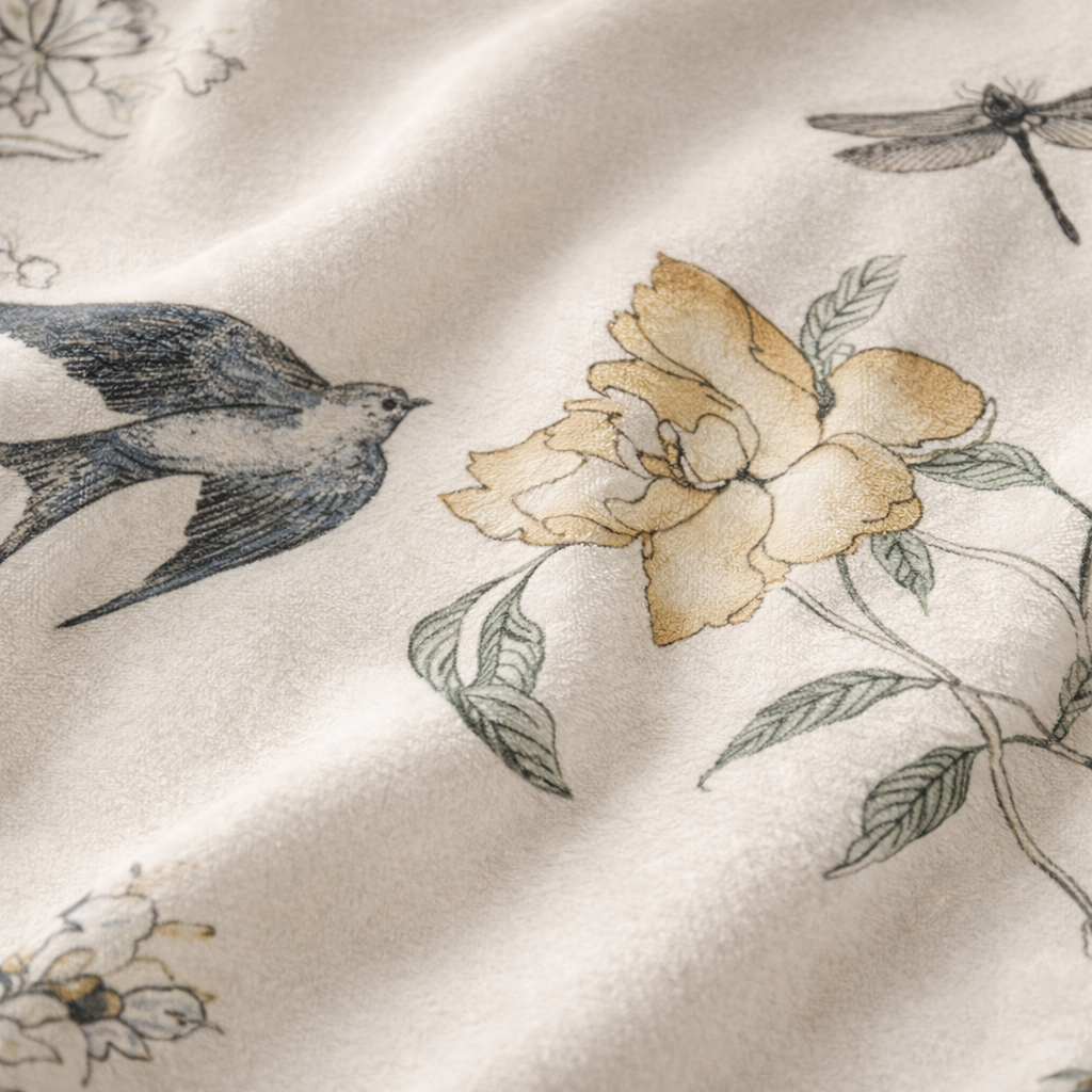 Soft lightweight fleece throw blanket texture with botanical floral print and bird illustration detail