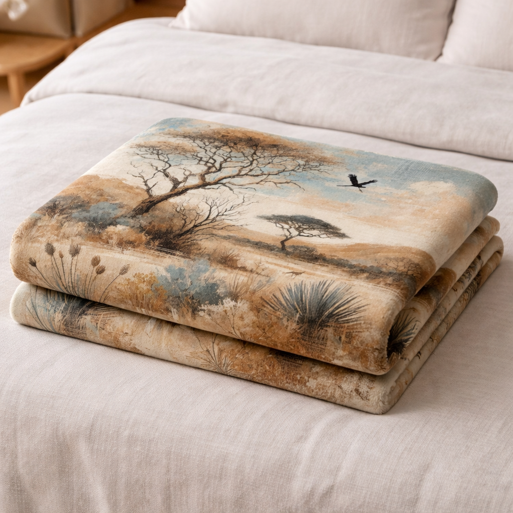 African savanna throw blanket South Africa featuring acacia trees and warm earth tones