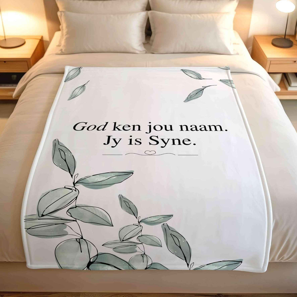 Afrikaanse faith blanket reading God ken jou naam. Jy is Syne. with a soft sage botanical design