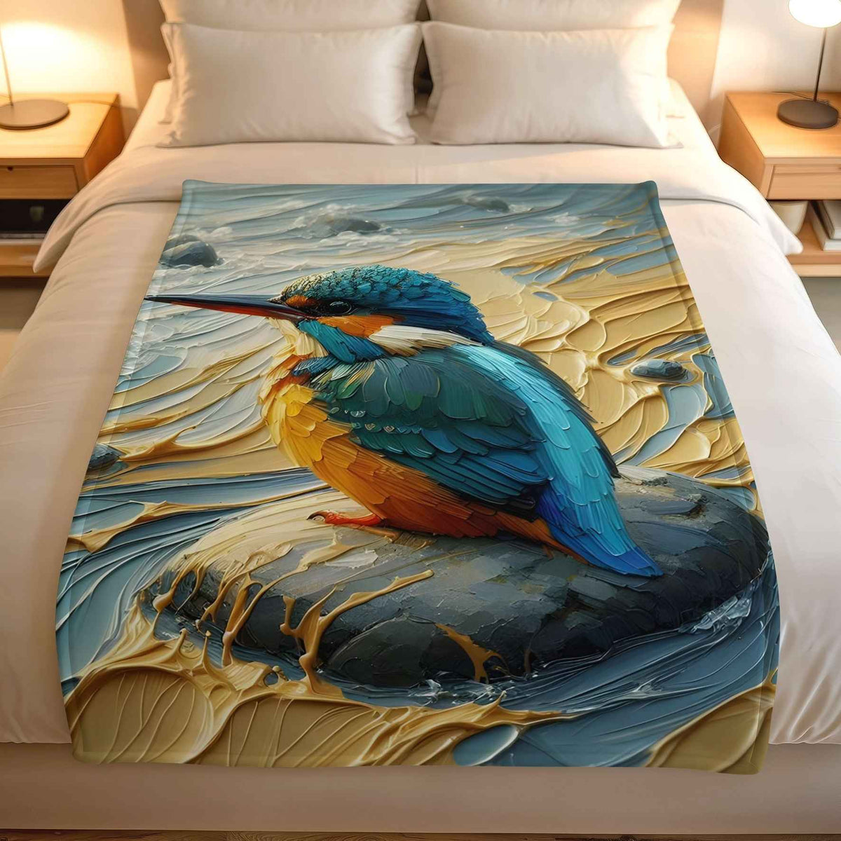 Lily Grace Design bird-print fleece blanket featuring a blue and orange kingfisher perched on a rock, styled on white bedding.