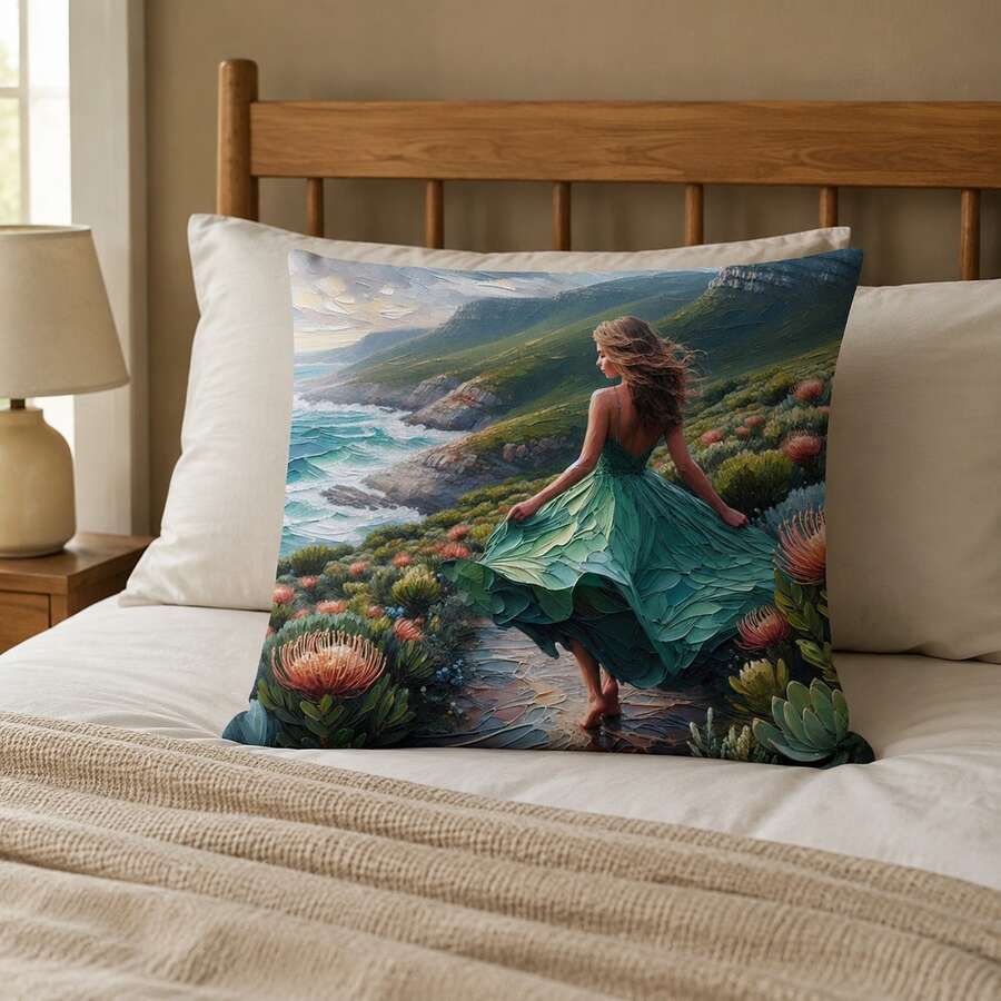 45 × 45 cm cotton scatter cushion featuring a woman in a green dress against a coastal protea landscape, displayed on a neutral sofa.