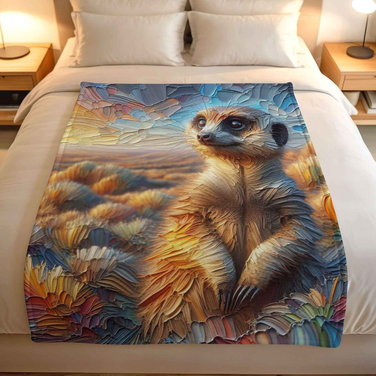 Meerkat print blanket held open, featuring golden grassland and colourful painterly patterns in blue, ochre and pink.