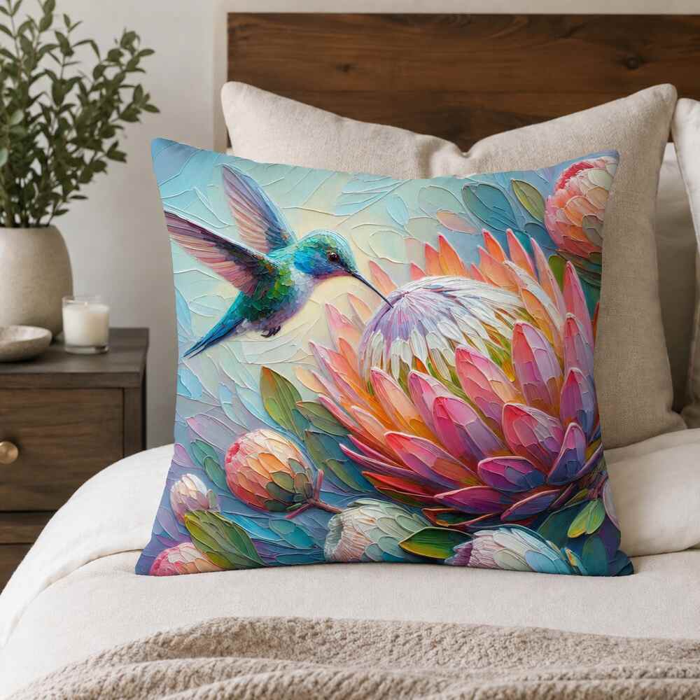 Protea and hummingbird 45 × 45 cm cotton scatter cushion styled on a neutral bed