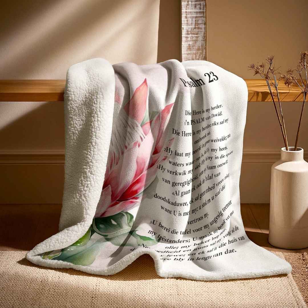 Double layer sheep’s fleece faith blanket with Protea flower print and Psalm 23 scripture