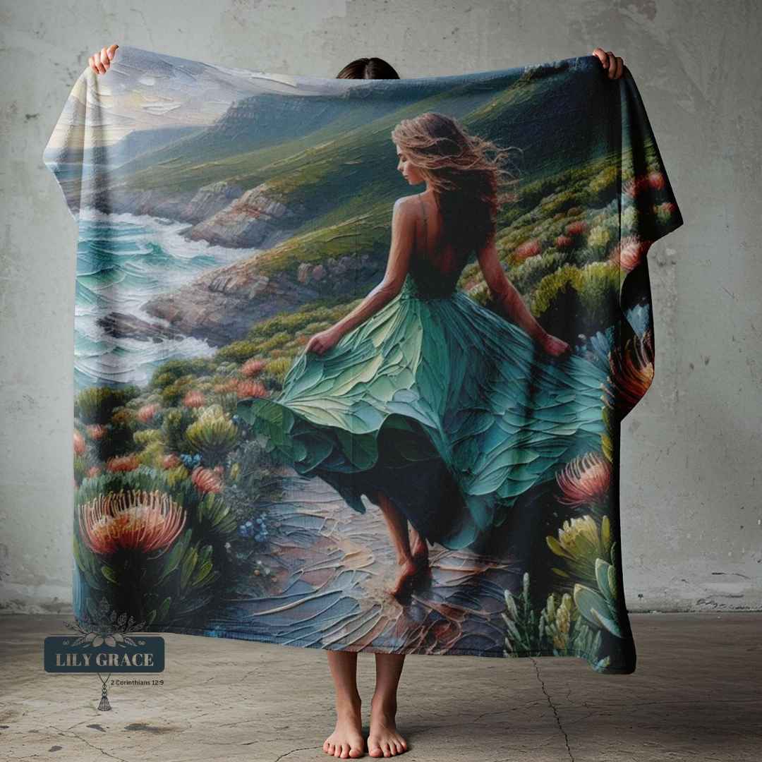 Stretched fleece blanket with Hermanus coastline artwork in soft greens and coastal textures